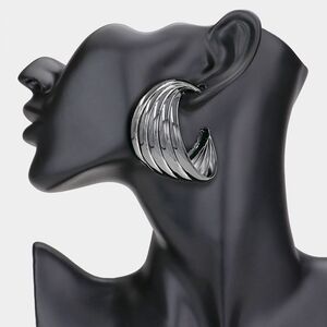 Hematite Abstract MultiLayered Style Hoop Metal Earrings 1.75 Inches